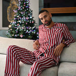 Load image into Gallery viewer, Mens personalised family stripe satin pyjamas
