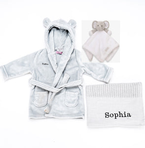 Babies unisex personalised dressing gown, elephant comforter and cotton blanket gift set