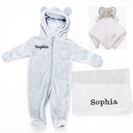 Load image into Gallery viewer, Lulabay babies personalised unisex pramsuit, comforter and Cotton blanket gift set
