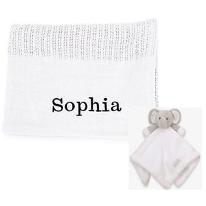 Babies personalised luxury heavy knit cellular panel blanket and elephant comforter gift set