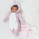 Load image into Gallery viewer, Lulabay baby girls bunny cotton lined faux fur snowsuit
