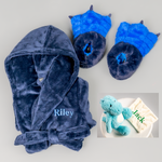 Load image into Gallery viewer, Lulabay boys 3 piece personalised dressing gown, slippers and dino toy gift set
