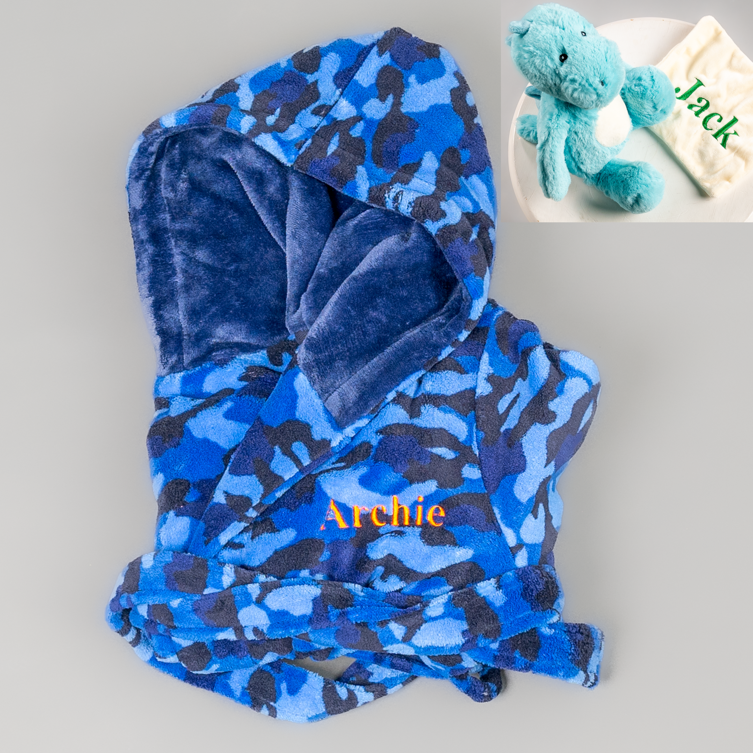 Lulabay boys personalised Camo dressing gown and dinosaur toy gift set