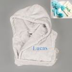 Load image into Gallery viewer, Lulabay boys personalised hooded dressing gown and dinosaur toy gift set
