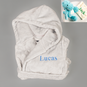 Lulabay boys personalised hooded dressing gown and dinosaur toy gift set