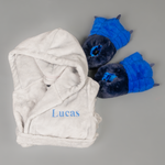 Load image into Gallery viewer, Lulabay boys personalised hooded dressing gown and monster slippers gift set
