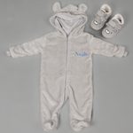 Load image into Gallery viewer, Lulabay baby boys personalised pramsuit and bear slipper gift set
