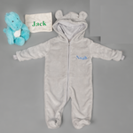 Load image into Gallery viewer, Lulabay baby boys personalised pramsuit and dinosaur toy gift set
