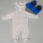 Load image into Gallery viewer, Lulabay baby boys personalised pramsuit and monster slipper gift set
