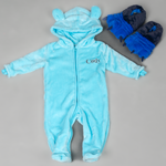 Load image into Gallery viewer, Lulabay baby boys personalised pramsuit and monster slipper gift set
