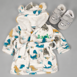 Load image into Gallery viewer, Lulabay baby boys personalised dinosaur print dressing gown and bear slippers gift set
