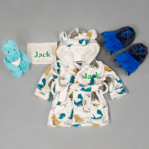 Lulabay baby boys personalised dinosaur gown, slippers and dinosaur gift set