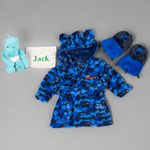 Lulabay boys 3 piece personalised Camo dressing gown, slippers and dino toy gift set
