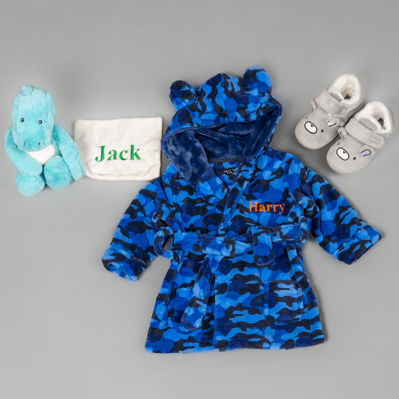 Lulabay baby boys 3 piece personalised Camo gown, slipper and dinosaur gift set