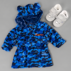 Lulabay baby boys personalised Camo print dressing gown and bear slipper gift set