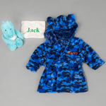 Load image into Gallery viewer, Lulabay baby boys personalised Camo print hooded dressing gown and dinosaur gift set
