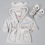 Load image into Gallery viewer, Lulabay baby boys personalised hooded dressing gown and bear slippers gift set
