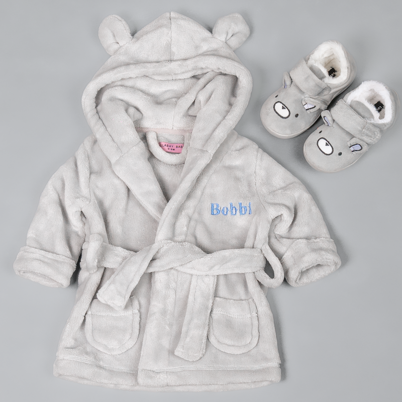 Lulabay baby boys personalised hooded dressing gown and bear slippers gift set
