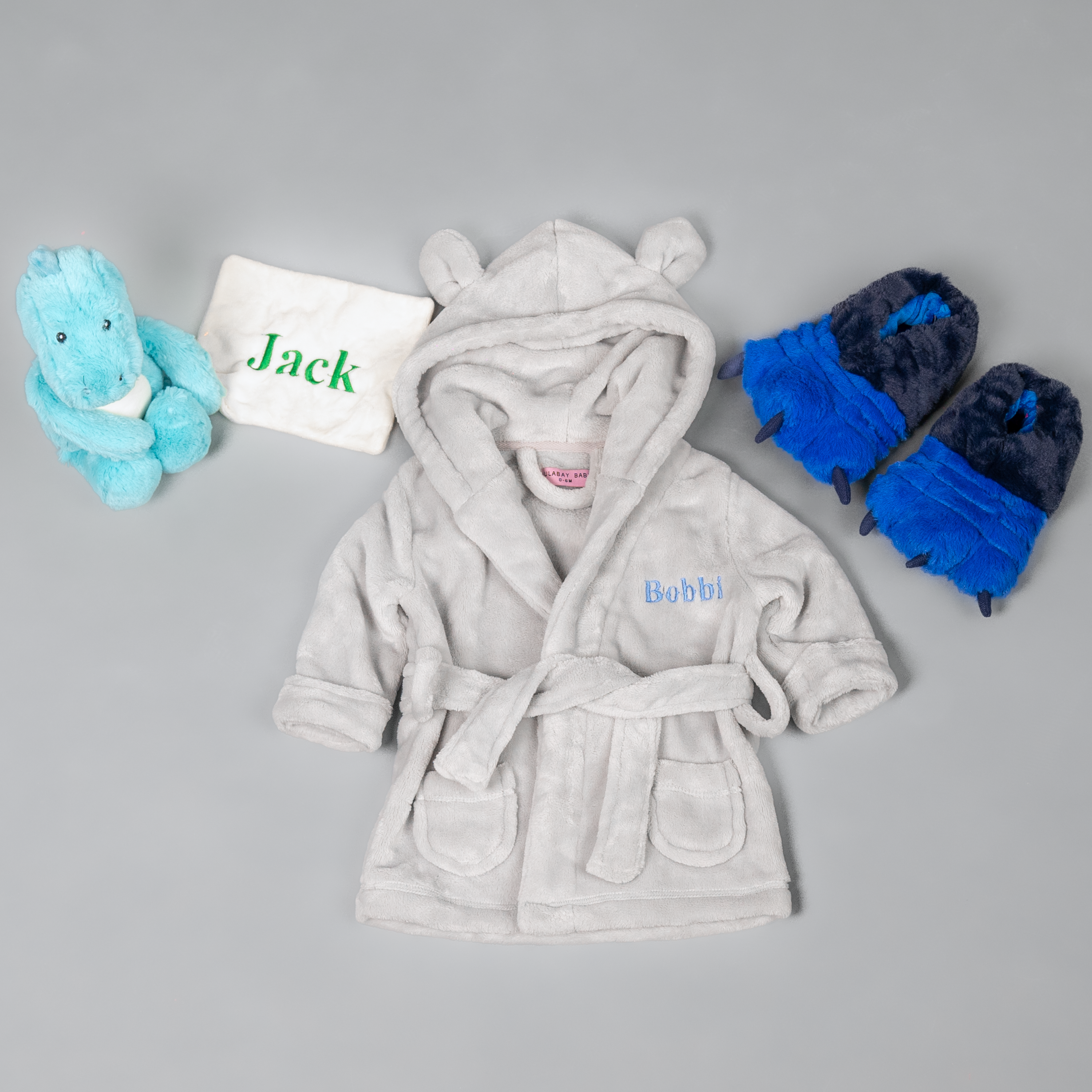 Lulabay boys 3 piece personalised dressing gown, slippers and dino toy gift set