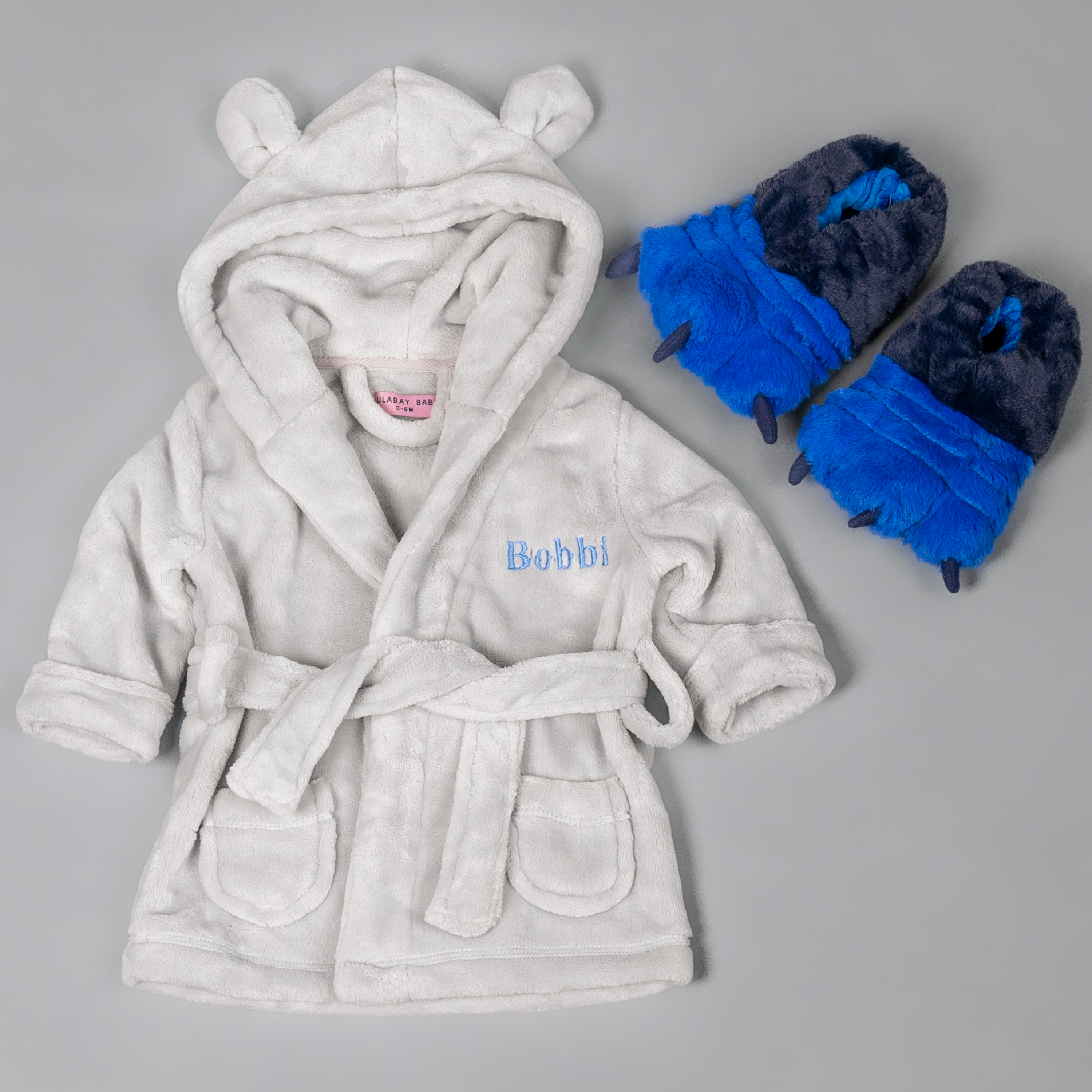 Lulabay baby boys personalised hooded dressing gown and monster slippers gift set