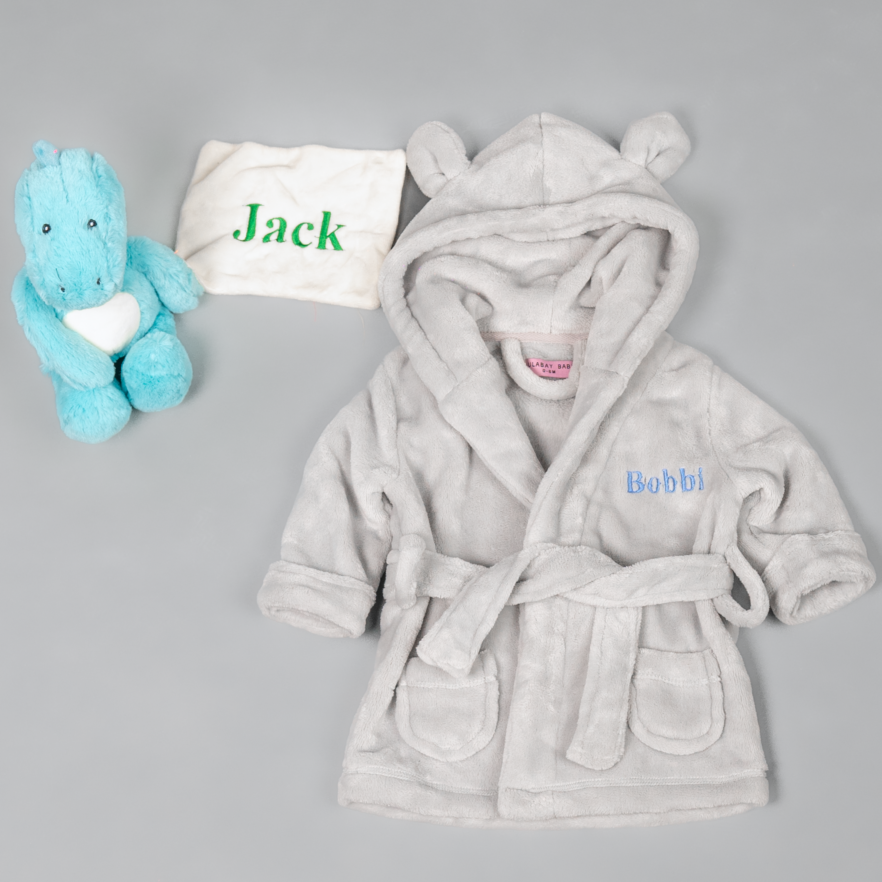 Lulabay baby boys personalised hooded dressing gown and dinosaur comforter gift set