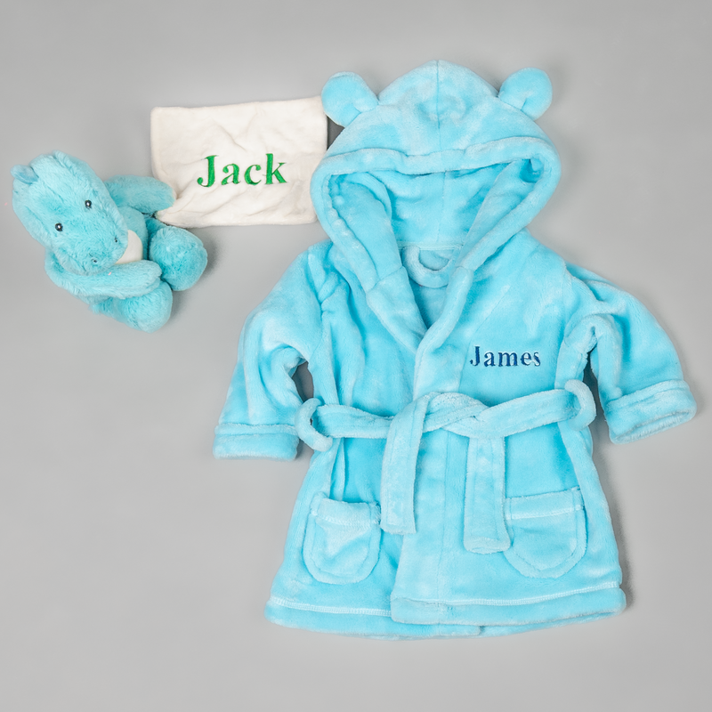 Lulabay baby boys personalised hooded dressing gown and dinosaur comforter gift set