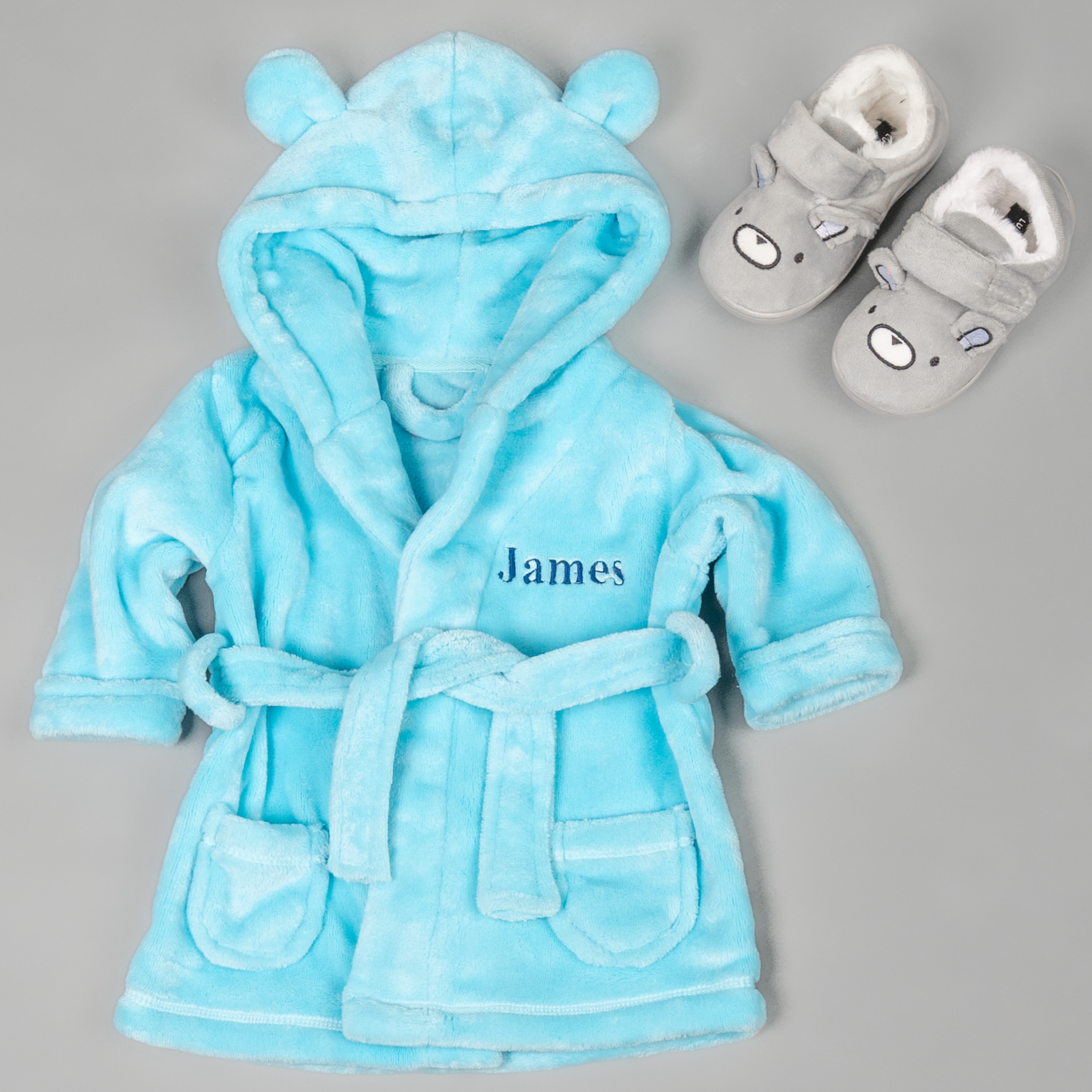 Lulabay baby boys personalised hooded dressing gown and bear slippers gift set