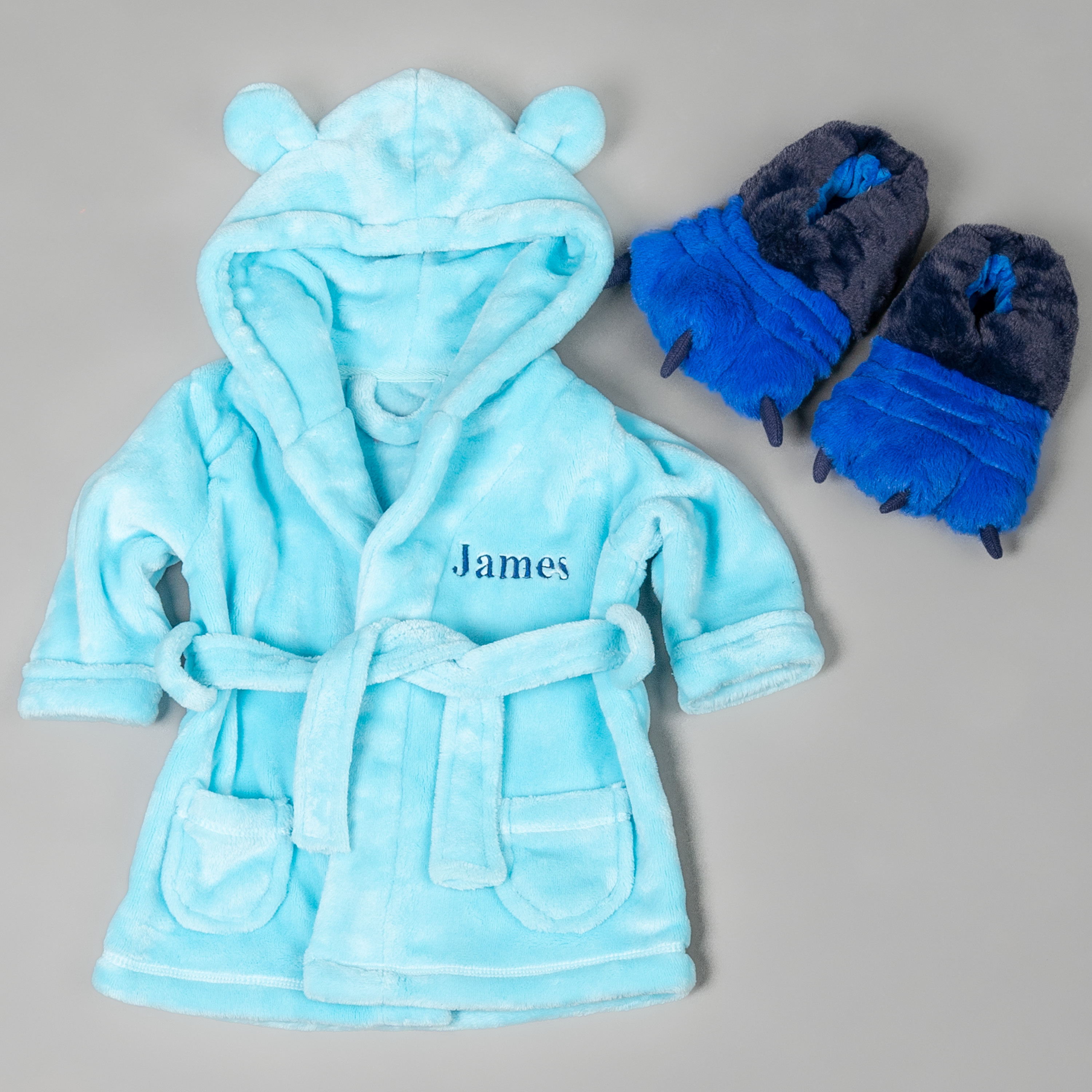 Lulabay baby boys personalised hooded dressing gown and monster slippers gift set