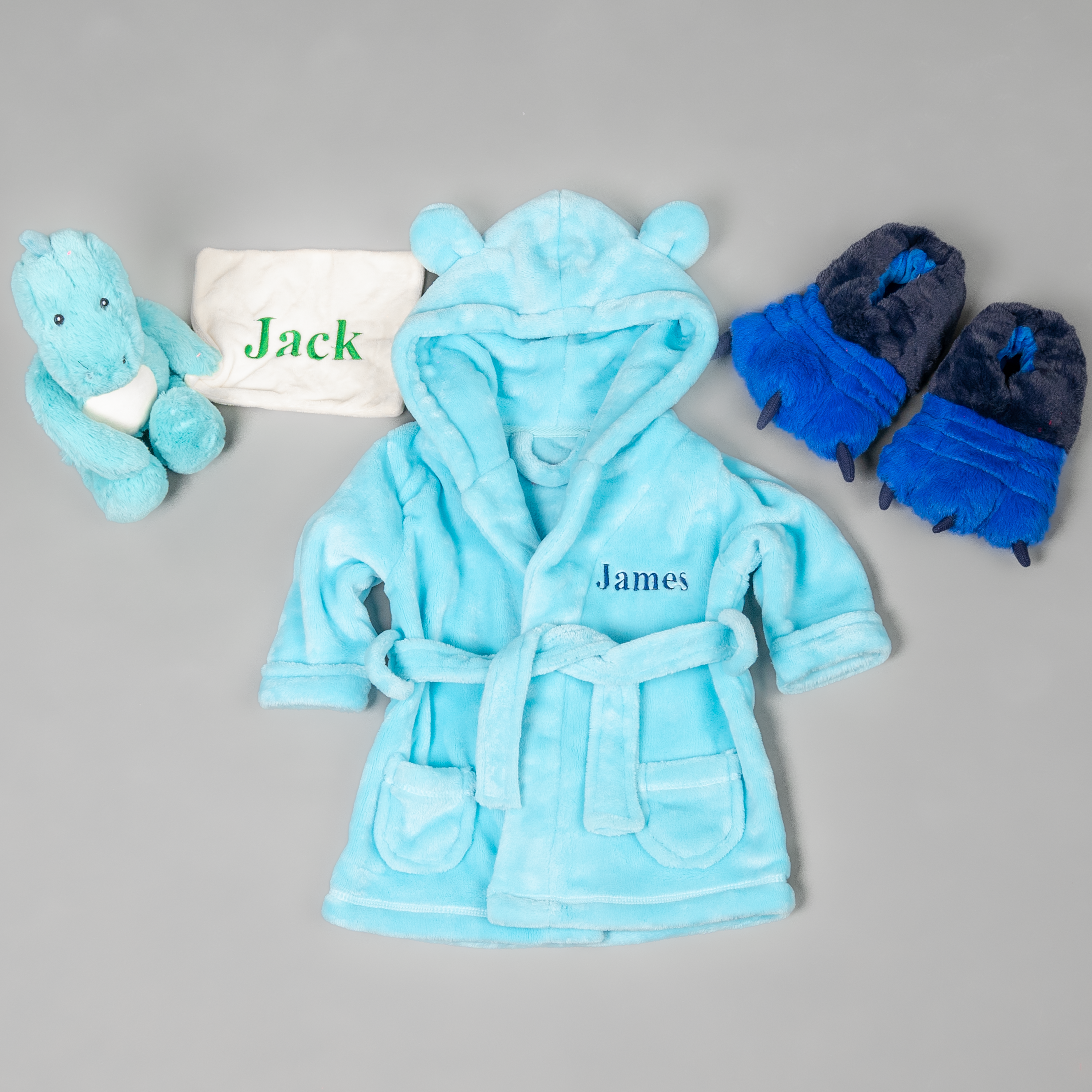 Lulabay boys 3 piece personalised dressing gown, slippers and dino toy gift set