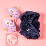 Load image into Gallery viewer, Lulabay girls 3 piece personalised dressing gown, slippers and bunny toy gift set
