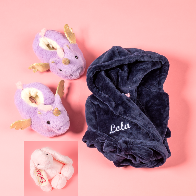 Lulabay girls 3 piece personalised dressing gown, slippers and bunny toy gift set