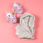 Load image into Gallery viewer, Lulabay girls personalised hooded dressing gown and unicorn slippers gift set
