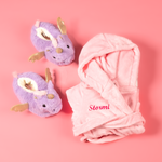 Load image into Gallery viewer, Lulabay girls personalised hooded dressing gown and unicorn slippers gift set
