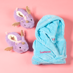 Load image into Gallery viewer, Lulabay girls personalised hooded dressing gown and unicorn slippers gift set
