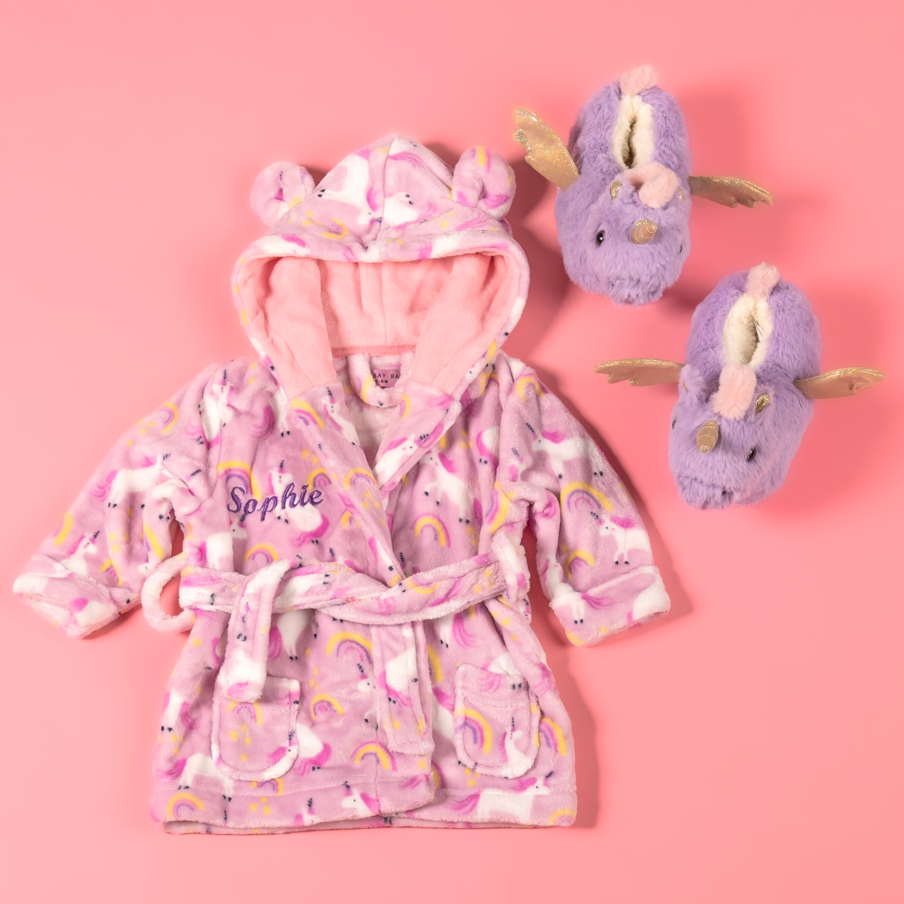 Lulabay baby girls personalised unicorn print dressing gown and slipper gift set