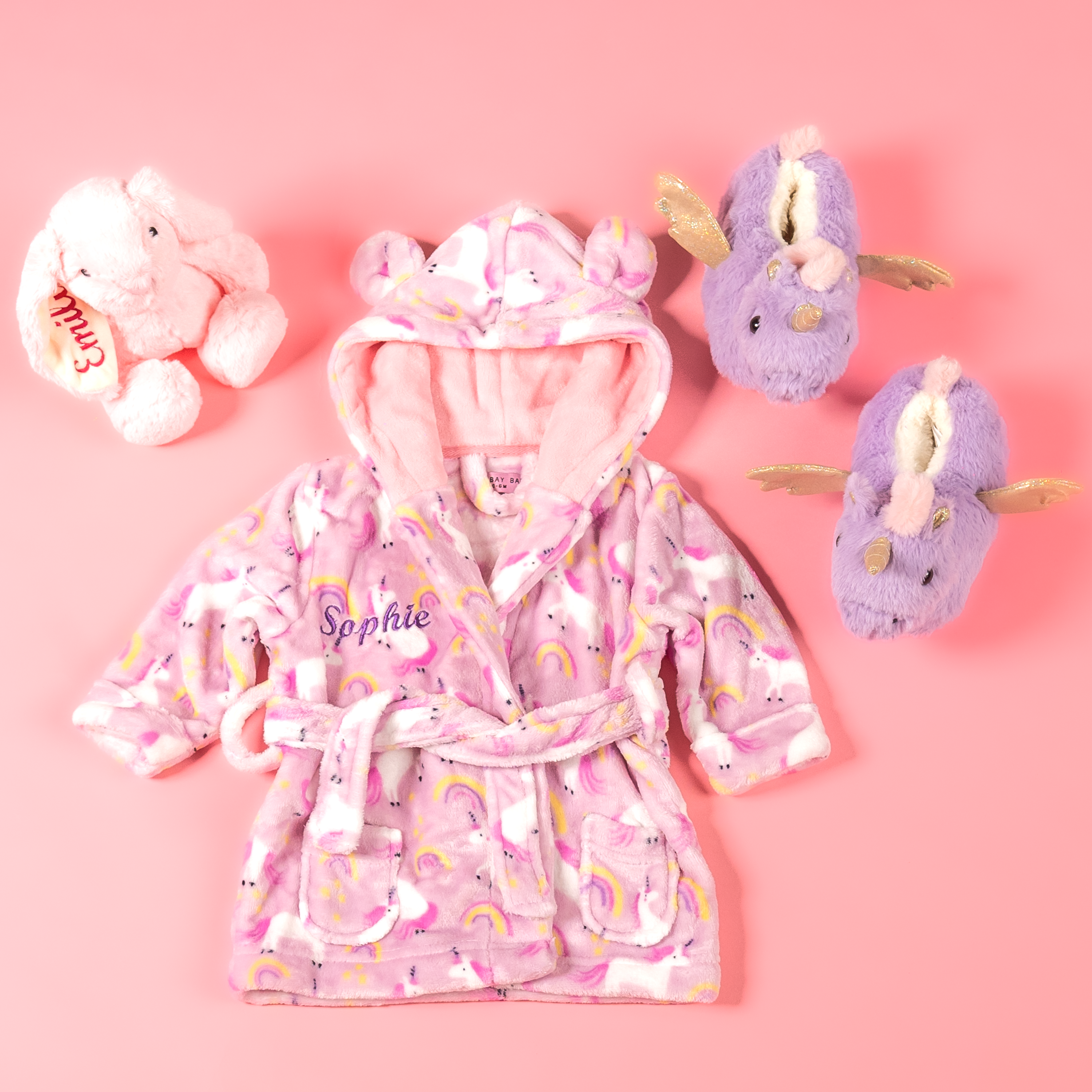 Lulabay girls 3 piece personalised unicorn dressing gown, slippers and bunny toy gift set