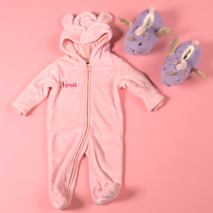 Baby girls personalised pramsuit and unicorn slippers gift set