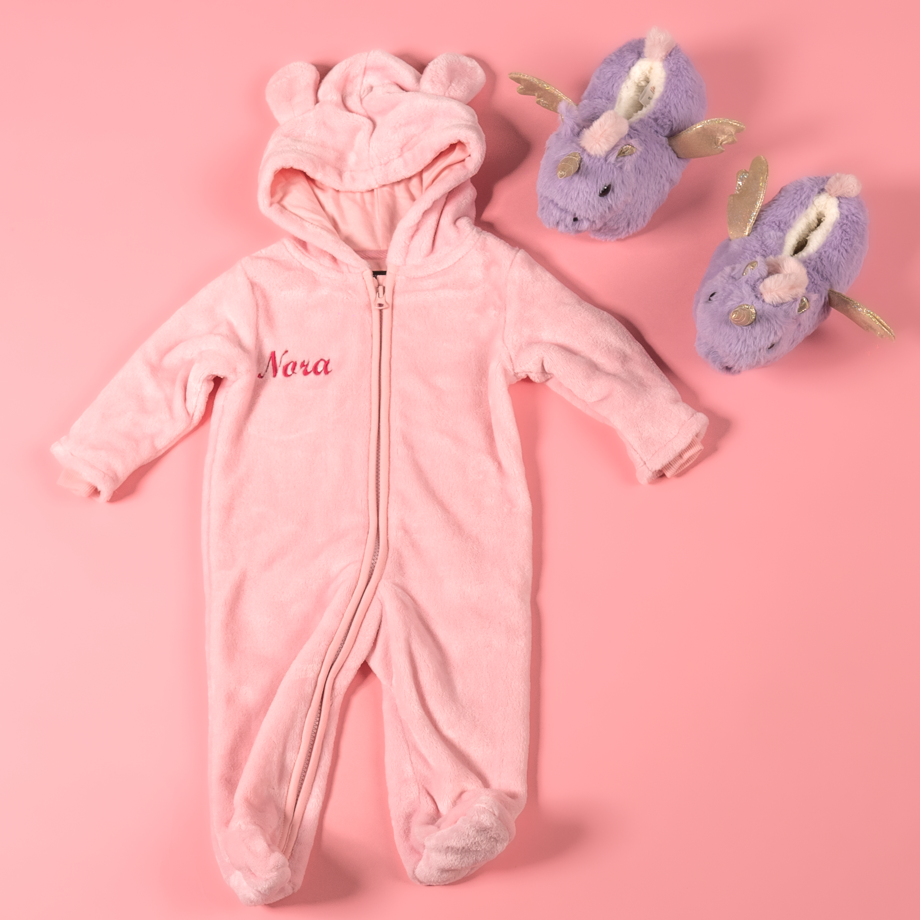 Baby girls personalised pramsuit and unicorn slippers gift set