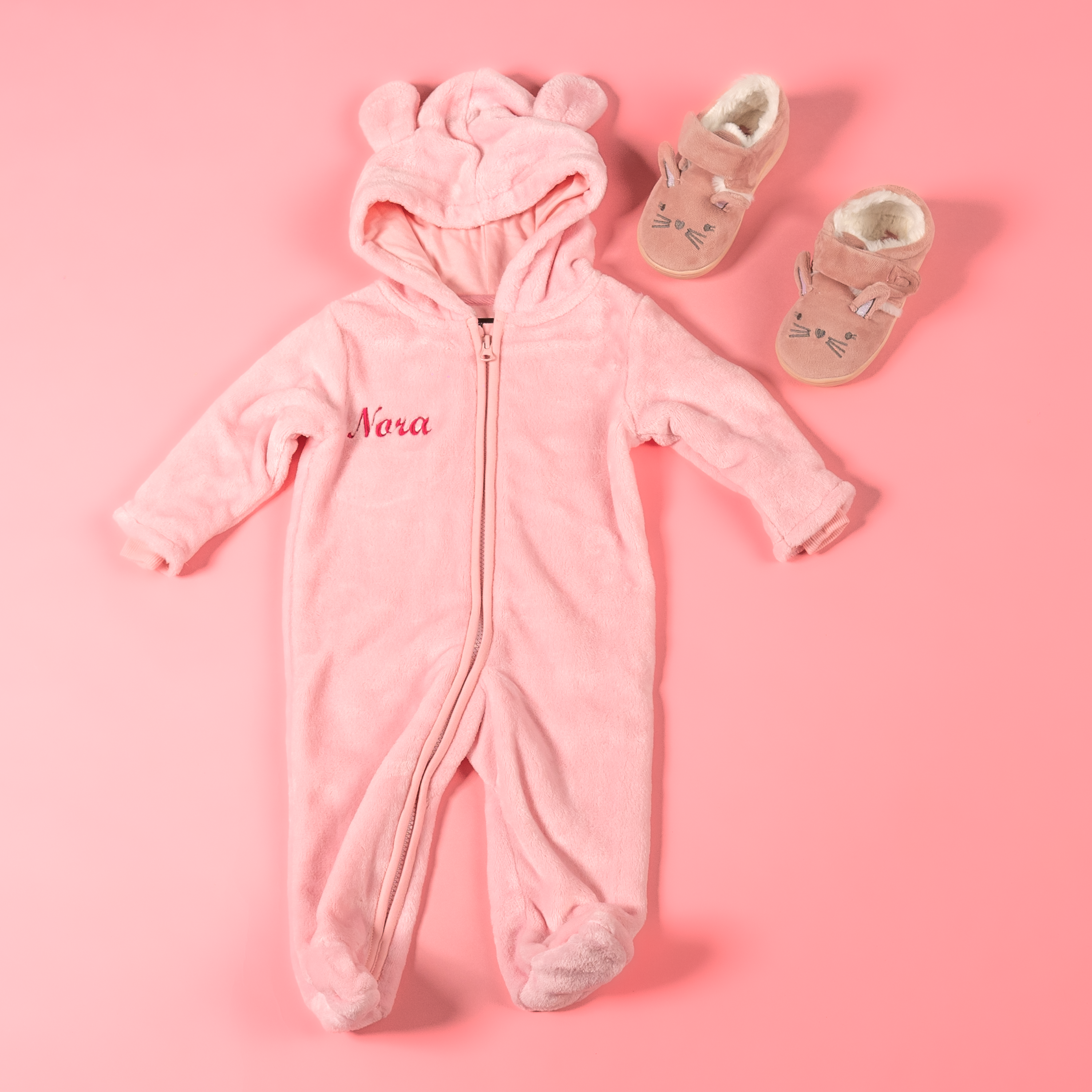 Baby girls personalised pramsuit and bunny slippers gift set