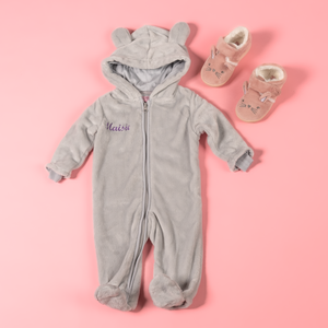 Baby girls personalised pramsuit and bunny slippers gift set