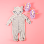 Load image into Gallery viewer, Baby girls personalised pramsuit and unicorn slippers gift set
