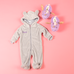 Baby girls personalised pramsuit and unicorn slippers gift set