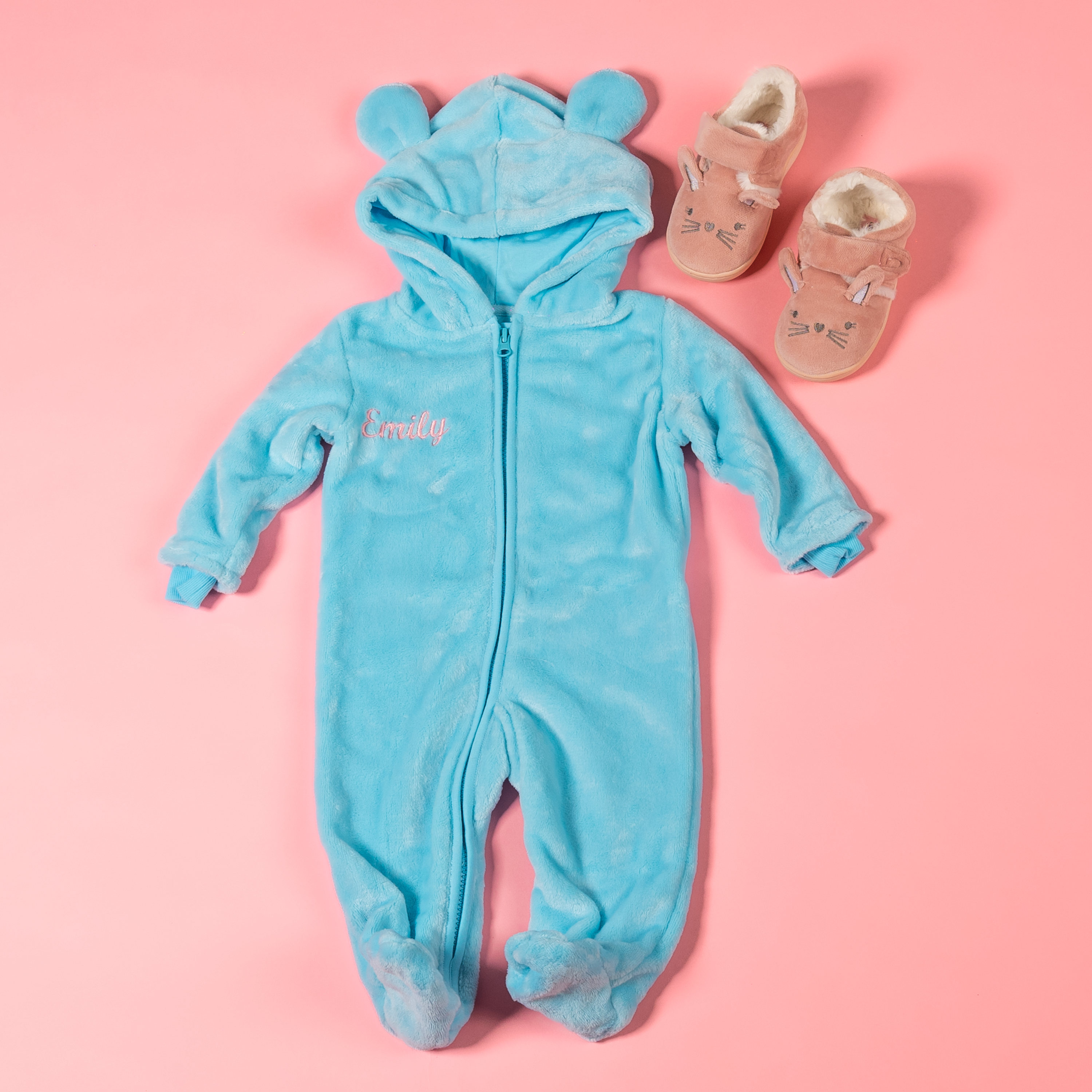 Baby girls personalised pramsuit and bunny slippers gift set