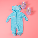 Load image into Gallery viewer, Baby girls personalised pramsuit and unicorn slippers gift set
