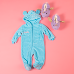 Baby girls personalised pramsuit and unicorn slippers gift set