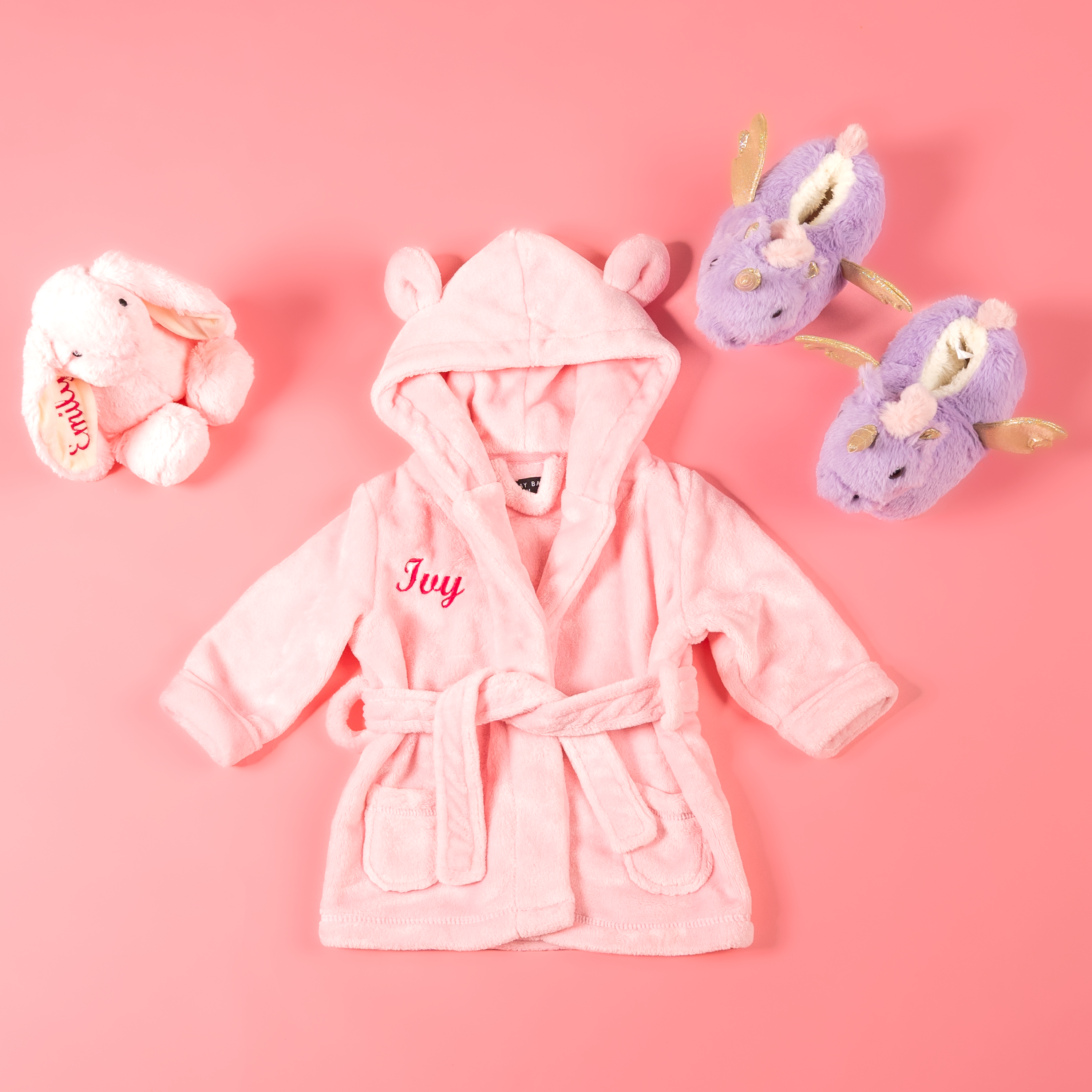 Lulabay girls 3 piece personalised dressing gown, slippers and bunny toy gift set