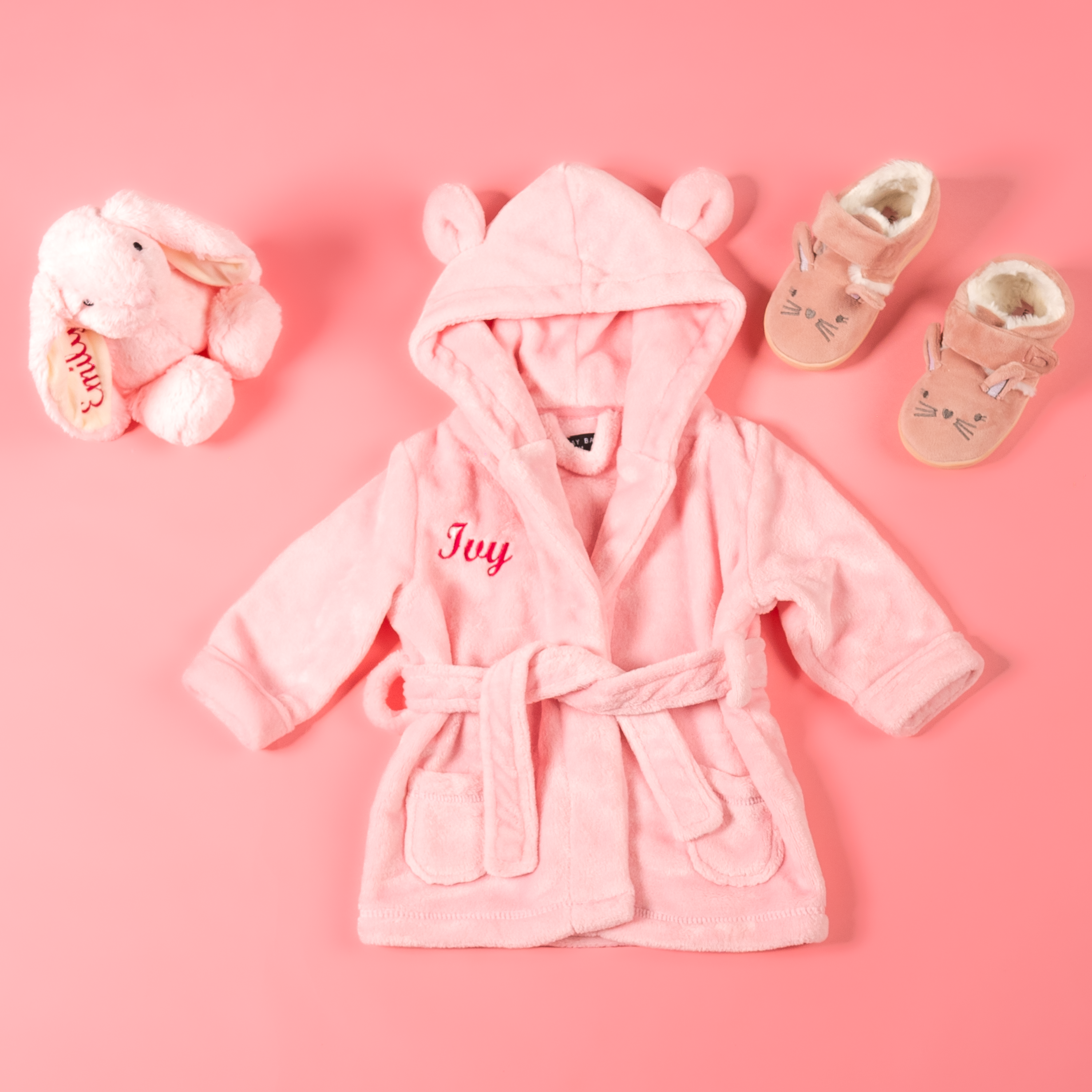 Lulabay baby girls 3 piece personalised gown, slippers and bunny gift set