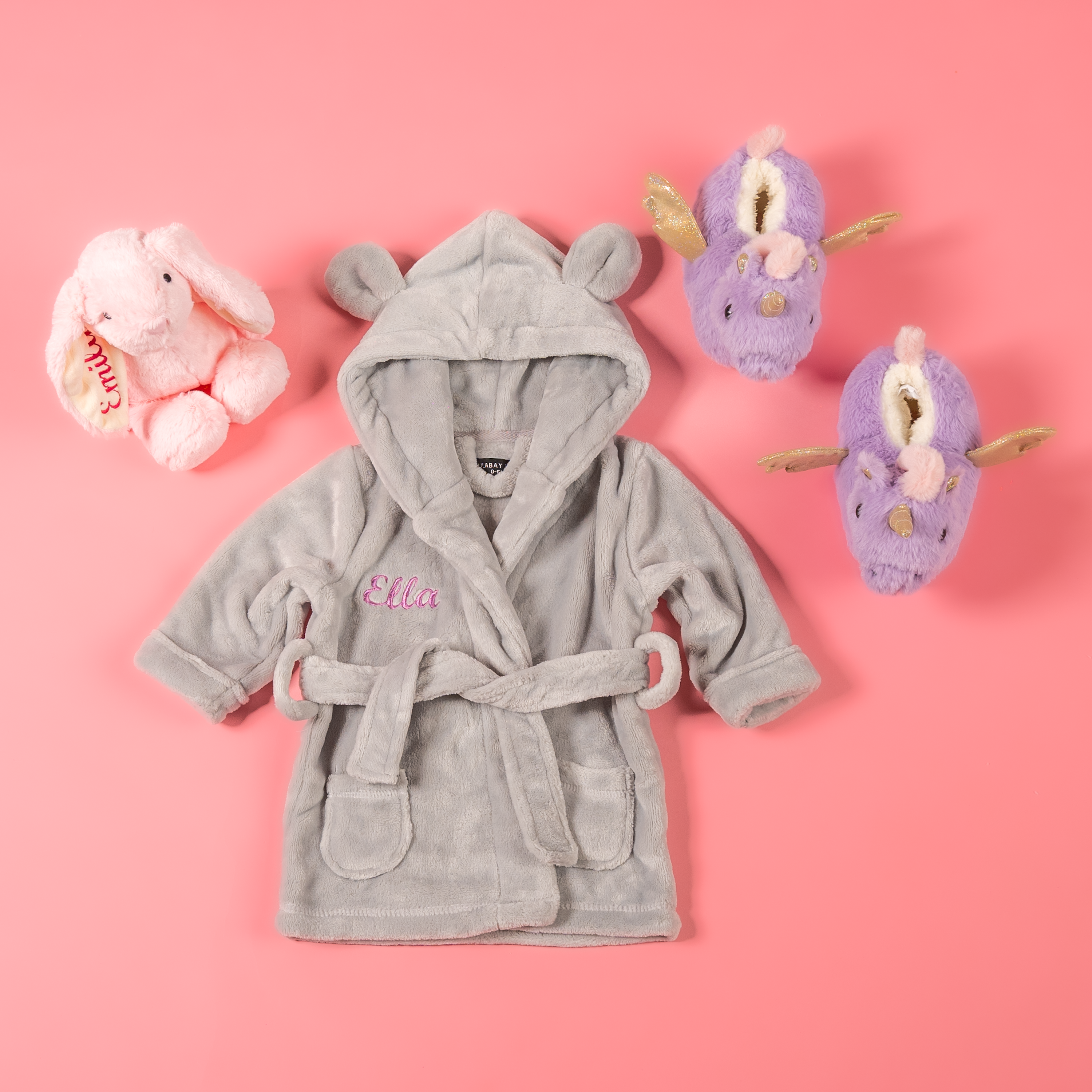 Lulabay girls 3 piece personalised dressing gown, slippers and bunny toy gift set