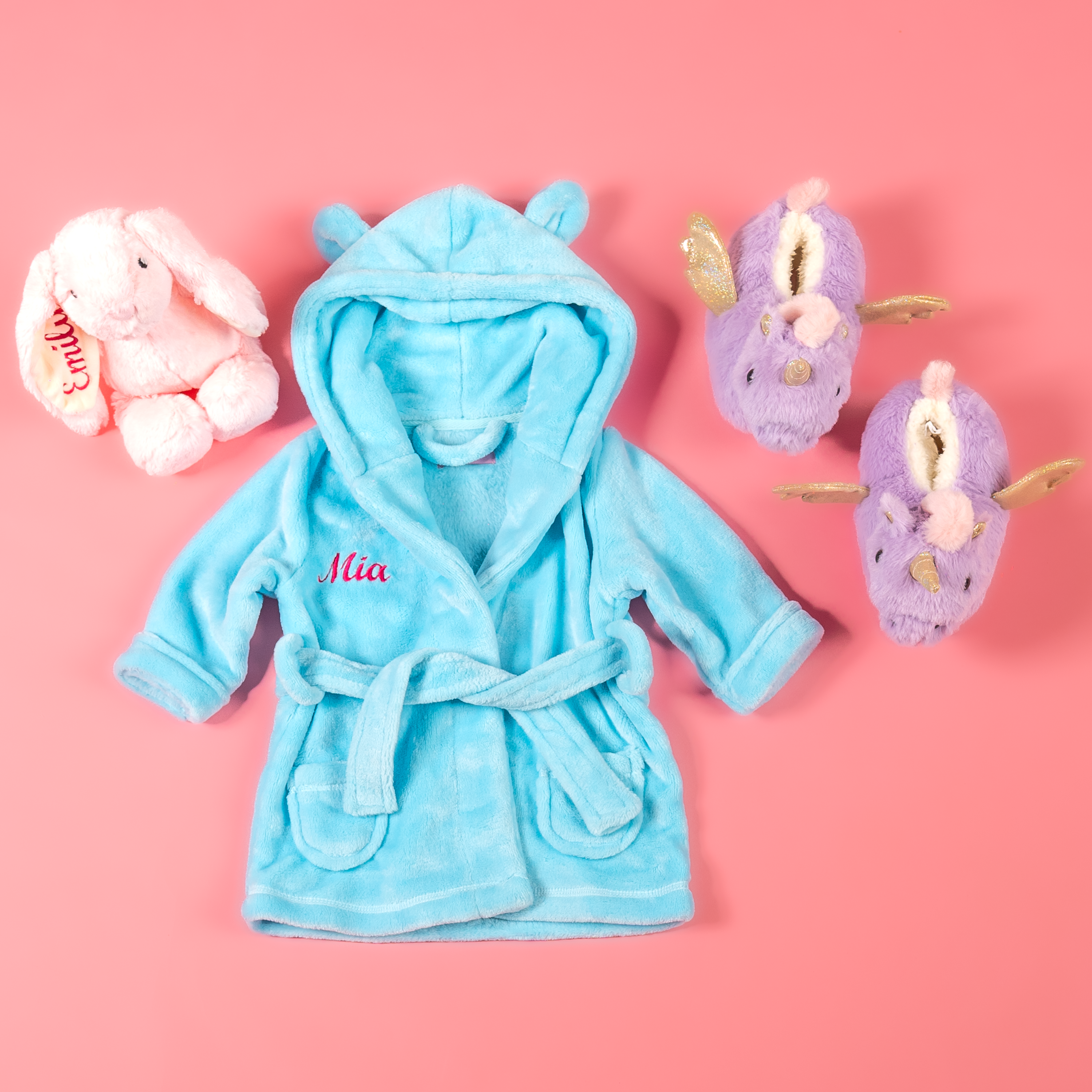 Lulabay girls 3 piece personalised dressing gown, slippers and bunny toy gift set