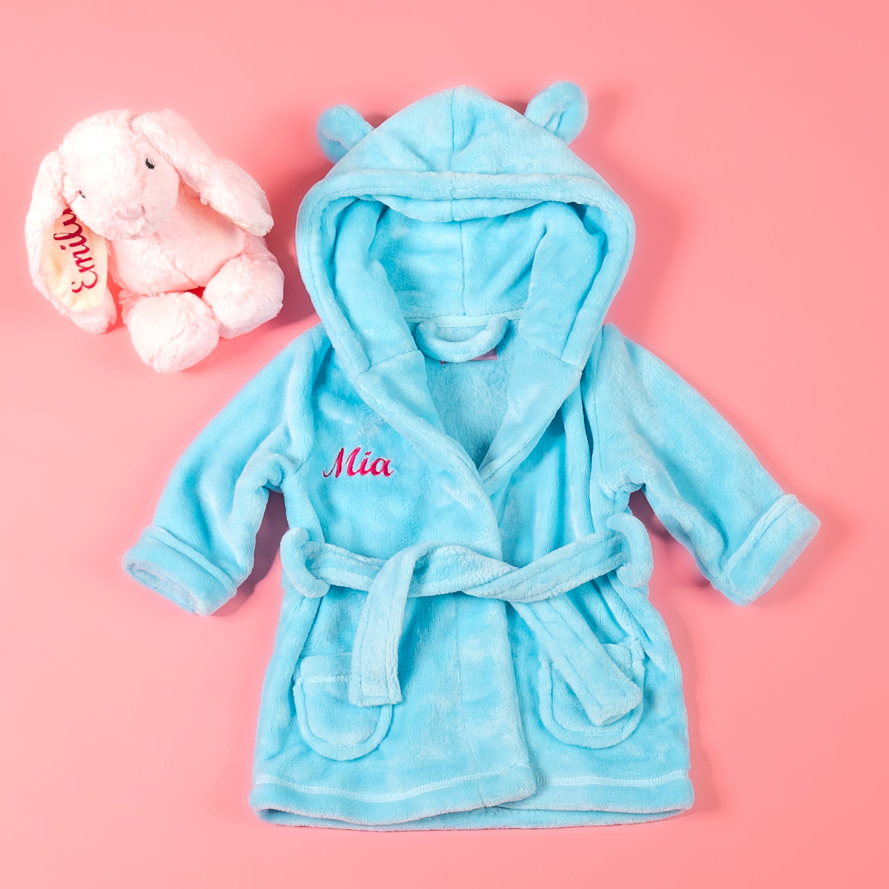 Baby girls personalised dressing gown and bunny teddy gift set